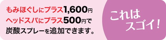 お試し 500円、全メニューへプラス1,500円で炭酸スプレーを追加できます。 | り～くす